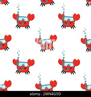 Seamless cartoon funny smiling crab with swimming mask and bubbles Stock Vector