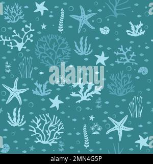 Seamless background from hand drawn sea shells and stars. Marine illustration of shellfish. Stock Vector