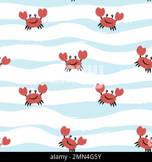 Deep Ocean or sea with crab and wave. Vector seamless pattern Stock Vector