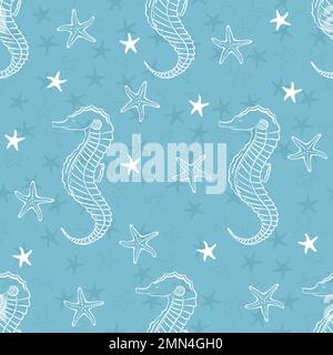 Sea seamless pattern. Hand drawn illustration with seahorse and starfish Stock Vector