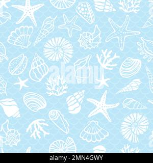 Seashells, corals and starfish seamless pattern. Stock Vector