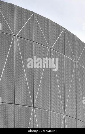 Aluminium mesh cladding of exterior facade. F51 Skatepark, Folkestone, United Kingdom. Architect: Hollaway Studio, 2022. Stock Photo