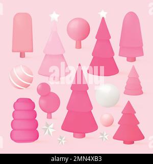 Cute pink Christmas 3D element set vector Stock Vector