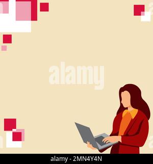 Businesswoman standing on the bright colored background. Woman holding laptop and typing text. Big white speech bubble contains important information Stock Vector