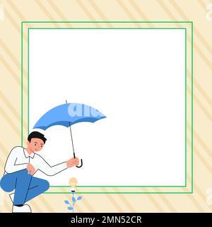 Yung man holding umbrella sitting and looking at rose. Save the flower from rain. Blank white space for text on colored background. Brand new Stock Vector