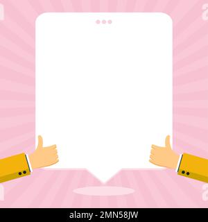 Big finger raised up pointing to whiteboard with information. White text holder behind hands contains main message. Empty speech bubble on bright Stock Vector