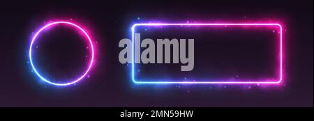 Neon frames with smoke and sparkles, gradient LED borders with fog and glowing particles. Stock Vector