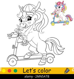 Cute happy unicorn on a scooter. Kids coloring book page with color template. Vector cartoon illustration. Educational page. For kids coloring, postca Stock Vector