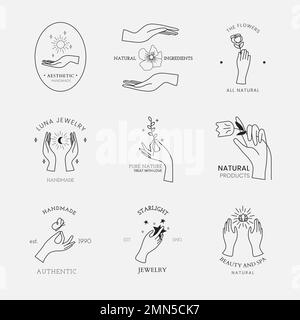 Aesthetic hand logo template, editable minimal design set vector Stock Vector