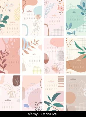 Pastel floral & botanical yearly calendar vector printable vector template set Stock Vector