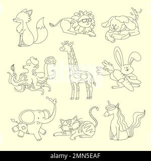 Cute animals collage elements, space for kids coloring vector Stock Vector