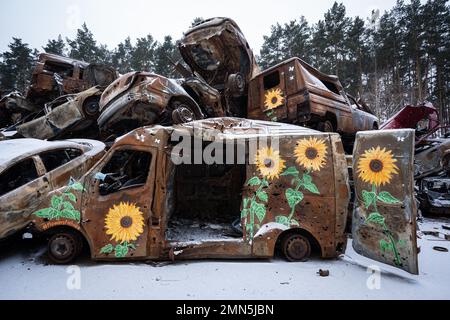Irpin, Ukraine - January 27, 2023: Cars destroyed during Russia's attack on Ukraine. Russian military forces entered Ukraine territory on Feb. 24, 2022. (Photo by Kish Kim / Sipa USA) Stock Photo
