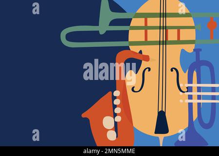 Blue retro background, music border, jazz instruments vector Stock Vector