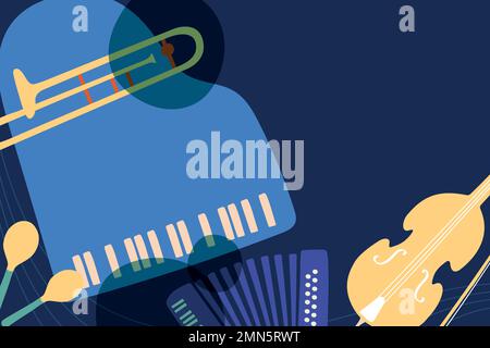 Blue retro background, music border, jazz instruments vector Stock Vector