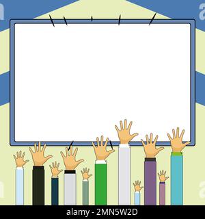 Hands raised up pointing to whiteboard with important information. Big white text holder behind main object contains message. Empty speech bubble on Stock Vector