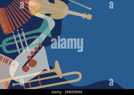Blue retro background, music border, classical instruments vector Stock Vector