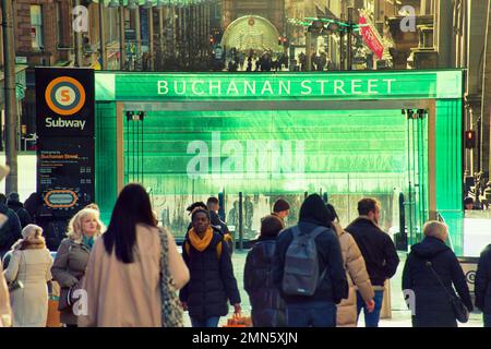 Glasgow, Scotland, UK 29tht January, 2023. UK Weather:   Cold and wet saw sunny style mile on the shopping.capital of Scotland that is Buchanan street. Credit Gerard Ferry/Alamy Live News Stock Photo