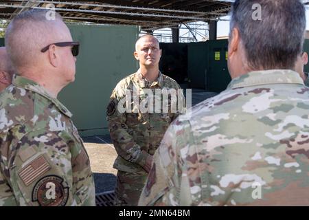 Airmen with the 255th Air Control Squadron, 172nd Airlift Wing, Mississippi Air National Guard, inspect and pack equipment at the Gulfport Combat Readiness Training Center, Gulfport, Miss., September 29, 2022. The Airmen are preparing to deploy to Florida in support of Hurricane Ian recovery. Stock Photo