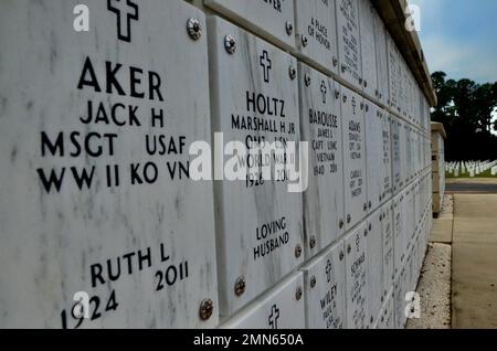 Barrancas National Cemetery on Naval Air Station Pensacola was established in January 1868 and is one of five national cemeteries in Florida.  Section B of the committal shelter contains the remains of those who served, from all branches, in World War Two, Korean War, Vietnam War, Gulf War and the Persian War. Stock Photo