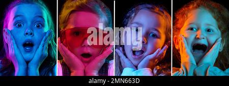 Collage. Portraits of emotional little kids, girls with shocked amazed faces posing over dark background in neon lights. Concept of emotions, facial Stock Photo