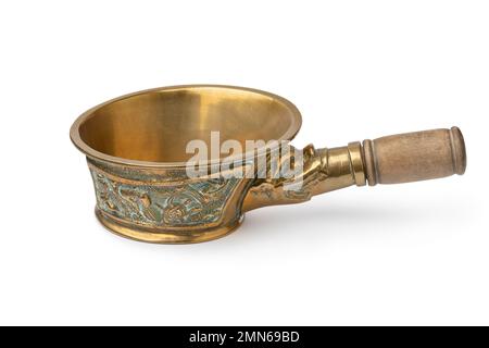 Traditional antique 19th century handmade Chinese silk pan iron, solid brass with wooden handle isolated on white background Stock Photo