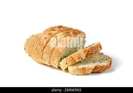 sliced french grain breads with white and black sesame isolate on white background, home made bakery concept Stock Photo