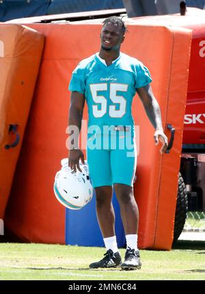 Miami Dolphins outside linebacker Jerome Baker (55) walks off the field  during an NFL football game against the San Francisco 49ers, Sunday, Oct.  11, 2020, in Santa Clara, Calif. (AP Photo/Scot Tucker