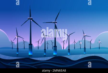 offshore wind farm with turbines in sea or ocean renewable water station energy production alternative power generation Stock Vector