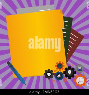 Paper sheets with text laying on bright colored background. Pencil draws main message. Notebook contains important information. Empty Space For Stock Vector