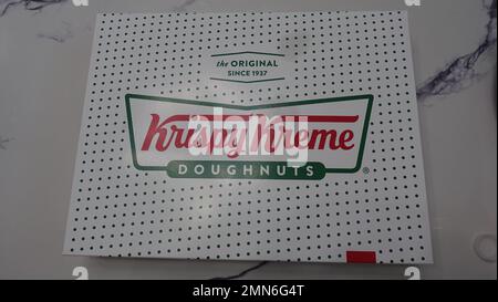 January 29 2023- The original Krispy Kreme Doughnuts since 1937 (krispy kreme doughnuts box) in Surrey, British Columbia Canada Stock Photo