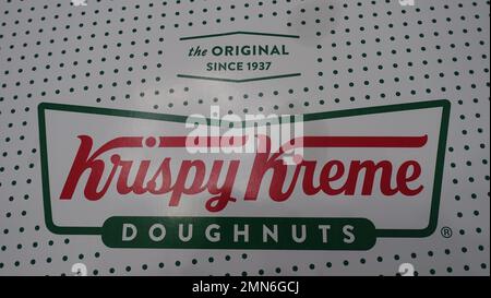 January 29 2023- The original Krispy Kreme Doughnuts since 1937 (krispy kreme doughnuts box) in Surrey, British Columbia Canada Stock Photo