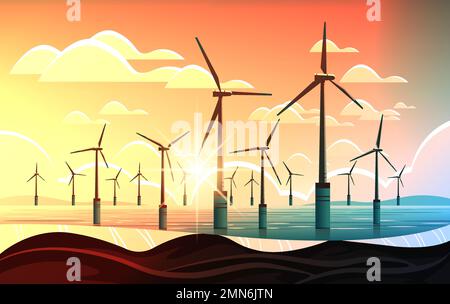 offshore wind farm with turbines in sea or ocean renewable water station energy production alternative power generation Stock Vector