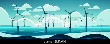 offshore wind farm with turbines in sea or ocean renewable water station energy production alternative power generation Stock Vector