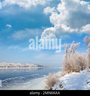 winter landscape, morning on the bank of winter river Stock Photo