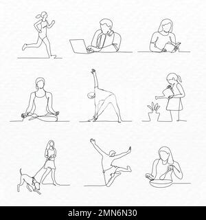 People line art, happy lifestyle monoline drawing, simple illustration collection vector Stock Vector