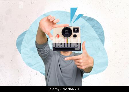 Photo artwork minimal collage picture of funny guy vintage camera instead of head isolated drawing background Stock Photo