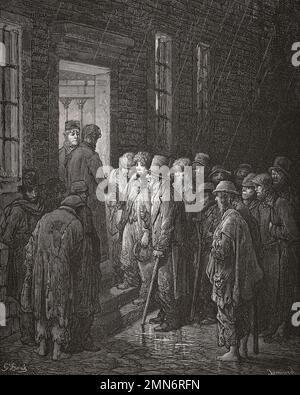 Homeless men queuing in the rain to enter a night refuge in London in the 19th century.  After an illustration by Gustave Doré in the 1890 American edition of London: A Pilgrimage written by Blanchard Jerrold and illustrated by Gustave Doré. Stock Photo