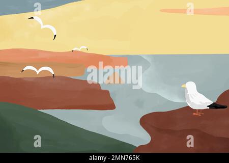 Seaside white birds, colorful background watercolor vector Stock Vector