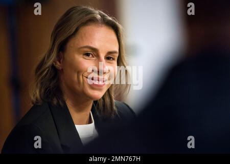 Magda Linette smiles during a press conference in Warsaw. Polish tennis player Magda Linette returned to Poland after one of her greatest successes in her professional career, which was the semi-final at the Australian Open 2023. Linette lost in the semi-final to Sabalenka - the winner of the Australian Open 2023. After her performance, the Polish tennis player jumped in the WTA ranking to the 22nd place. Linette shared her experience at a press conference in Warsaw organized by the Polish Tennis Association (PZA). (Photo by Attila Husejnow/SOPA Images/Sipa USA) Stock Photo