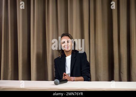 Magda Linette is seen during a press conference in Warsaw. Polish tennis player Magda Linette returned to Poland after one of her greatest successes in her professional career, which was the semi-final at the Australian Open 2023. Linette lost in the semi-final to Sabalenka - the winner of the Australian Open 2023. After her performance, the Polish tennis player jumped in the WTA ranking to the 22nd place. Linette shared her experience at a press conference in Warsaw organized by the Polish Tennis Association (PZA). (Photo by Attila Husejnow/SOPA Images/Sipa USA) Stock Photo