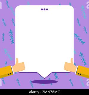 Big finger raised up pointing to whiteboard with information. White text holder behind hands contains main message. Empty speech bubble on bright Stock Vector