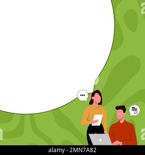 Man sitting at the table with laptop. Woman standing near computer. People discussing latest news. Big white text holder on colored background Stock Vector
