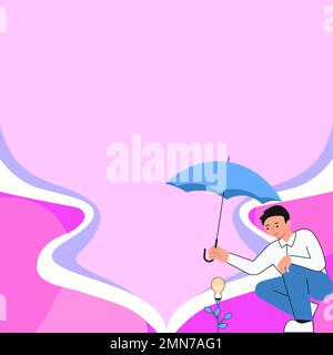 Yung man holding umbrella sitting and looking at rose. Save the flower from rain. Blank white space for text on colored background. Brand new Stock Vector