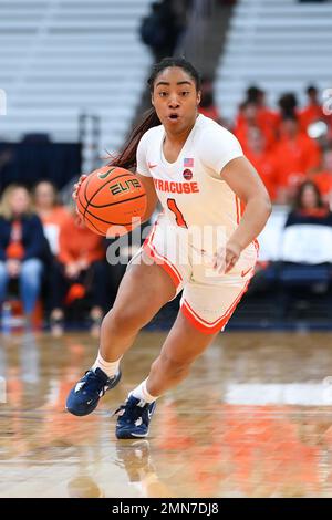 January 29, 2023: Syracuse Orange guard Kennedi Perkins (1) drives to the basket against the Louisville Cardinals during the first half of an NCAA WomenÕs basketball game on Sunday Jan. 29, 2023 at the JMA Wireless Dome in Syracuse, New York. Rich Barnes/CSM Stock Photo