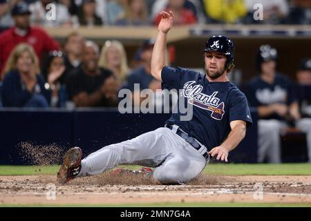 Atlanta Braves' Charlie Culberson scores on a single by Dansby Swanson  during the fourth inning of a baseball game against the San Diego Padres on  Tuesday, June 5, 2018, in San Diego. (