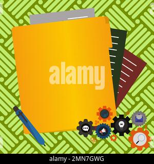 Paper sheets with text laying on bright colored background. Pencil draws main message. Notebook contains important information. Empty Space For Stock Vector