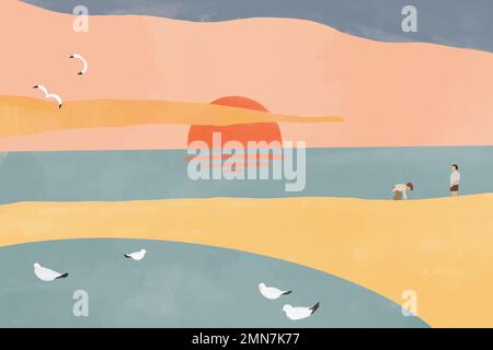 Sunset beach, aesthetic watercolor background vector Stock Vector