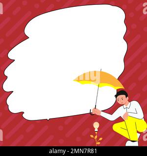 Yung man holding umbrella sitting and looking at rose. Save the flower from rain. Blank white space for text on colored background. Brand new Stock Vector