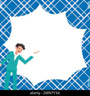 Instructor Drawing Pointing Stick On Empty Whiteboard While Holding Cup. Professor Holding Pointer At The Board Showing New Information. Stock Vector