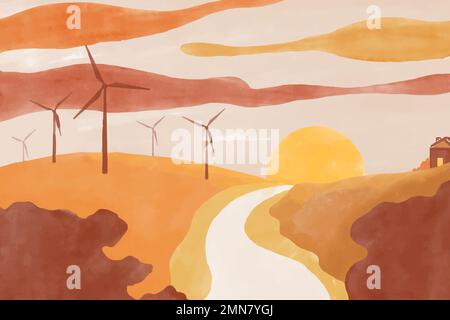 Sunset pathway, wind turbines summer background vector Stock Vector